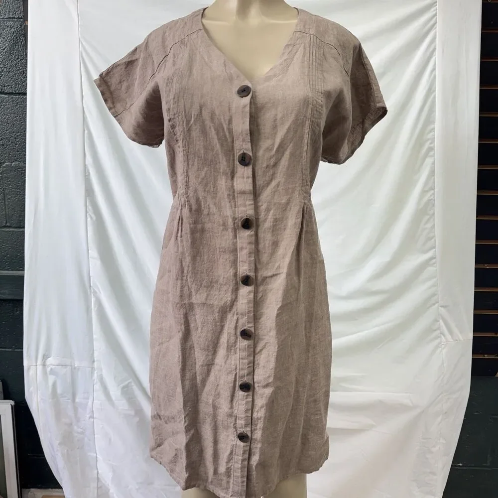 J.Jill 100% Linen Button Front Mini Short Sleeve Dress Tan size Medium - Picture 2 of 9